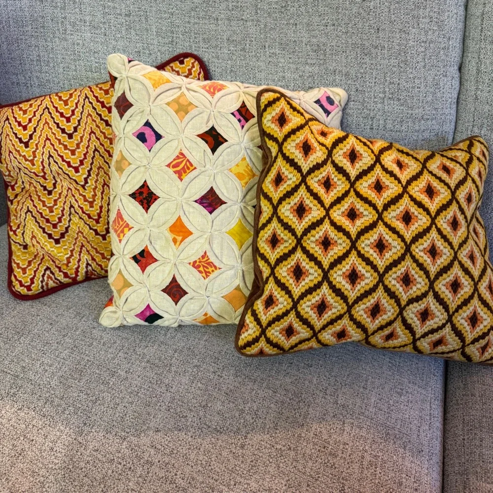 Vintage Retro Throw Pillows Set of 3 Needlepoint Chevron Patchwork Boho MCM